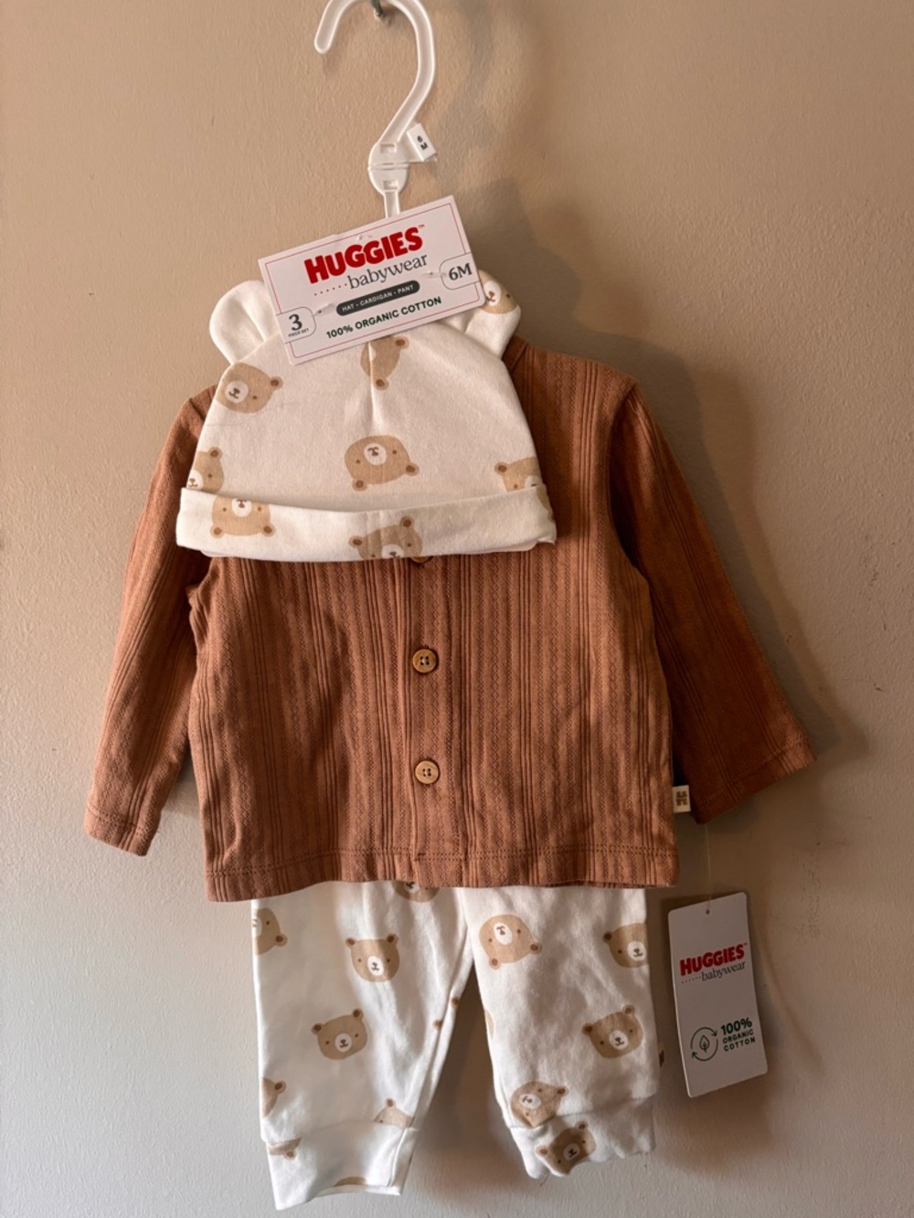 HUGGIES 100 percent organic cotton Brown teddy bear outfit set with hat
